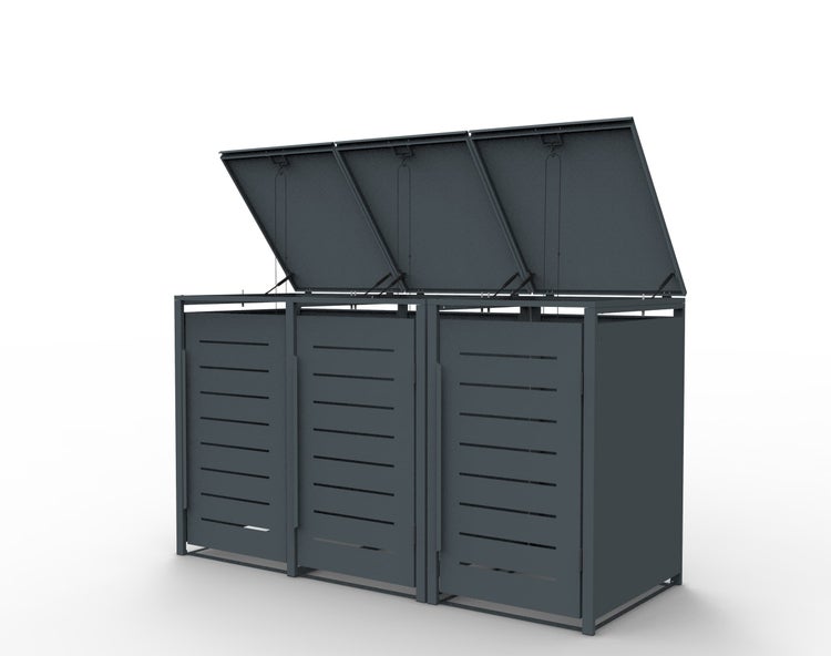 Mülltonnenbox für drei Mülltonnen mit geöffneten Deckeln