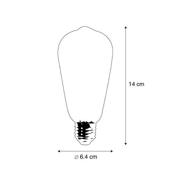 Technische Zeichnung eines tropfenförmigen Leuchtmittels mit den Maßen: Höhe 14 Zentimeter und Durchmesser 6,4 Zentimeter.