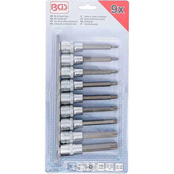 BGS Bit-Einsatz-Satz Antrieb Innenvierkant 12,5 mm (1/2) T-Profil (für Torx) mit Bohrung 9tlg. - 5178