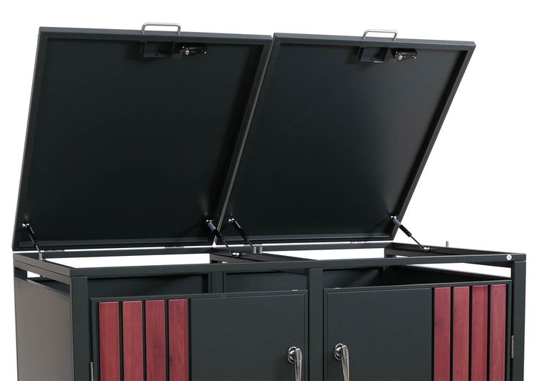 Mülltonnenbox mit zwei Fächern und Holzverkleidung, die Deckel sind geöffnet