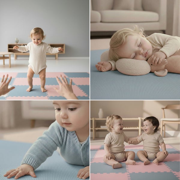 Collage von Kleinkindern auf weichen Schaumstoff-Puzzlematten zum Spielen, Krabbeln und Ausruhen im hellen Kinderzimmer.