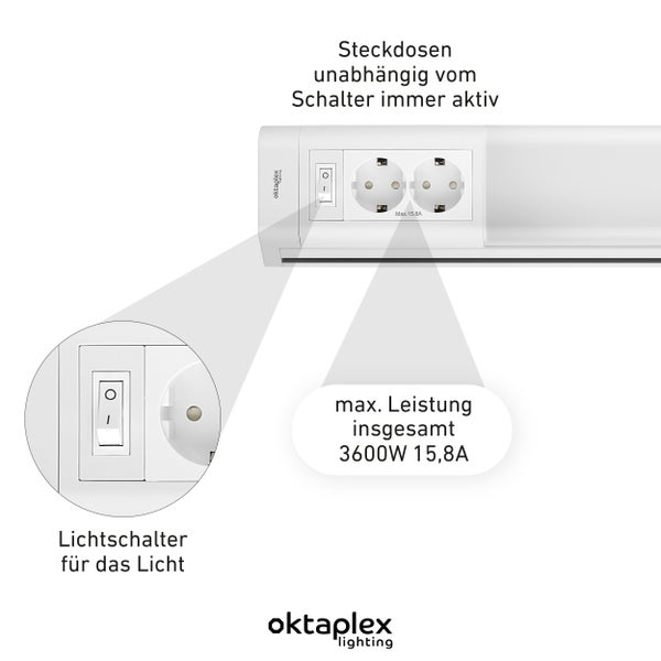 Oktaplex Talin Unterbauleuchte 50cm mit 2 Steckdosen und Schalter warmweiß 3000K