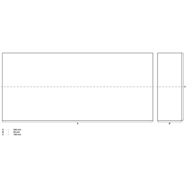 Maßzeichnung eines Bausteins mit den Maßen Länge 340 Millimeter, Breite 55 Millimeter und Höhe 150 Millimeter.