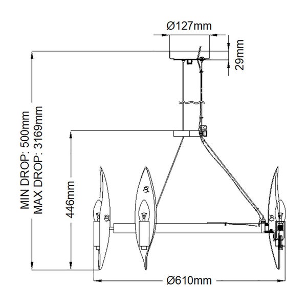 Technische Zeichnung einer Deckenleuchte mit den Maßen: Durchmesser 127 mm, 29 mm, 446 mm, minimaler Abstand 500 mm, maximaler Abstand 3169 mm und Durchmesser 610 mm.