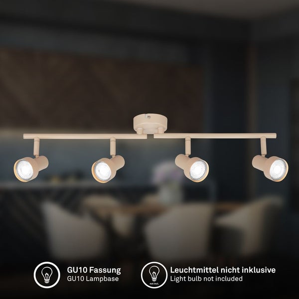 Sandfarbener Deckenstrahler mit vier schwenkbaren Spots und GU10 Fassungen, Leuchtmittel nicht inklusive.