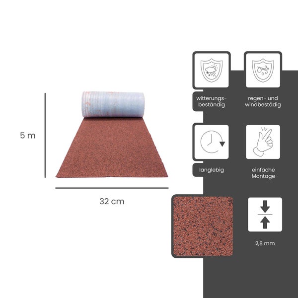 Bitumen-Dachbahn, 5 Meter lang, 32 Zentimeter breit, 2,8 Millimeter dick. Witterungsbeständig, regen- und windbeständig, langlebig, einfache Montage.