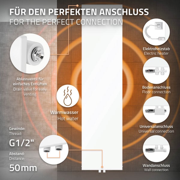 LuxeBath Badheizkörper 1800x452 mm Weiß Flach Einlagig Design Heizkörper mit Mittelanschluss Vertikal Planheizkörper glatte Vorderseite Vertikalheizkörper Paneelheizkörper Flachheizkörper  Heizwand