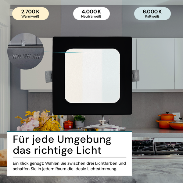 Einbaustrahler mit drei verschiedenen Farbtemperaturen: Warmweiß mit 2700 Kelvin, Neutralweiß mit 4000 Kelvin und Kaltweiß mit 6000 Kelvin.