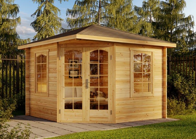 Alpholz 5-Eck Gartenhaus Viking ISO Gartenhaus aus Holz, Holzhaus mit 28 mm Wandstärke, Blockbohlenhaus mit Montagematerial, Naturbelassen 3,3x3,3m