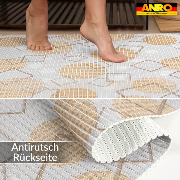 Badematte mit gemustertem Design, strukturierter Oberfläche und rutschhemmender Rückseite. ANRO Logo.