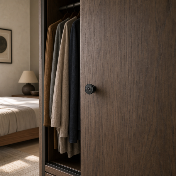 Kleiderschranktür aus dunklem Holz mit schwarzem Möbelknopf, Blick auf hängende Kleidung in einem hellen Schlafzimmer.