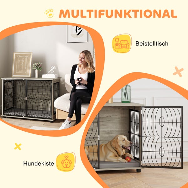 PawHut Hundekäfig für Zuhause, Hundehütte, Indoor Haustierkäfig mit Kissen, Hundehaus mit Fenster, Hundebox für große Hunde, Grau, 100 x 60 x 73,5 cm