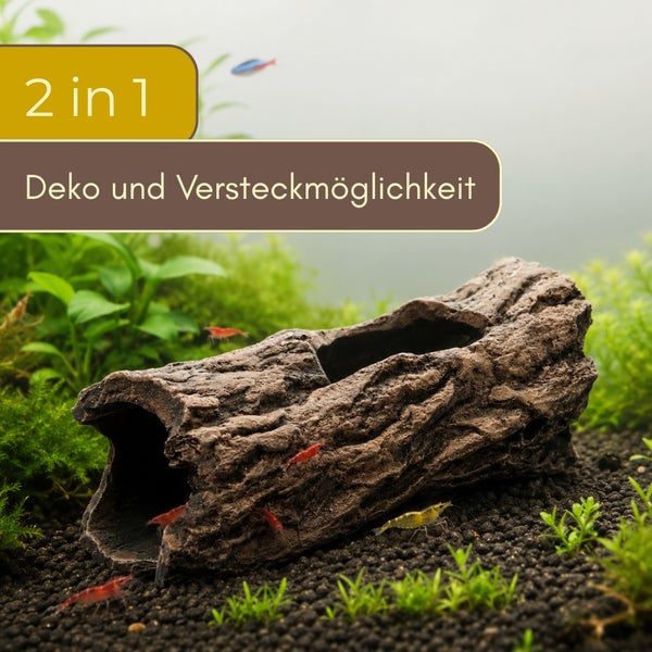 Aquarium-Dekoration hohler Baumstamm, zwei in eins Dekoration und Versteckmöglichkeit für Fische und Garnelen in einem Aquarium.