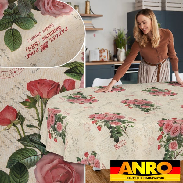 Runde ANRO Tischdecke mit Vintage-Rosen- und Poststempel-Muster auf einem Tisch in einer Küche, inklusive Detailansicht und ANRO Logo.