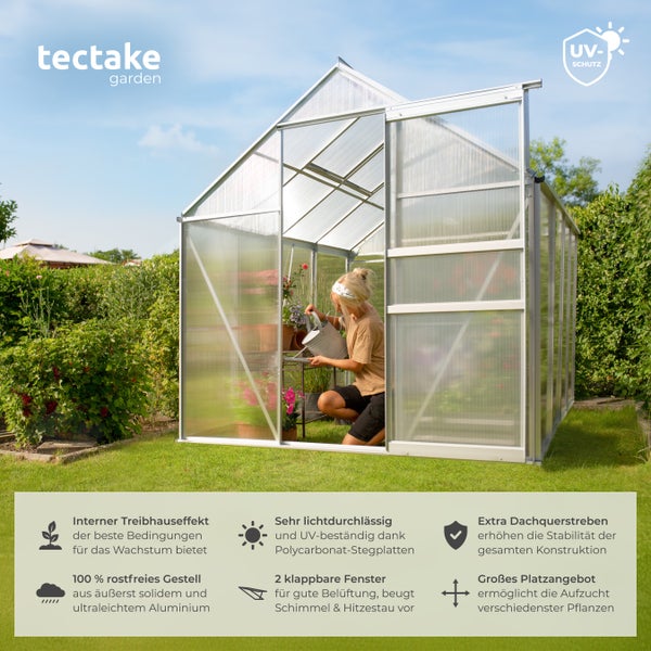 Gewächshaus von tectake mit Frau beim Gießen von Pflanzen im Inneren, UV-Schutz Siegel, Aluminiumrahmen und Polycarbonatplatten