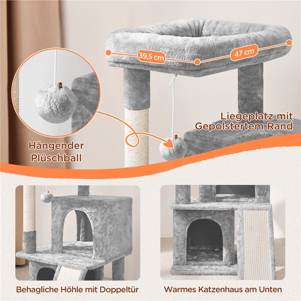 Katzenbaum mit Liegeplatz, Plüschball, Kratzstamm und Katzenhaus