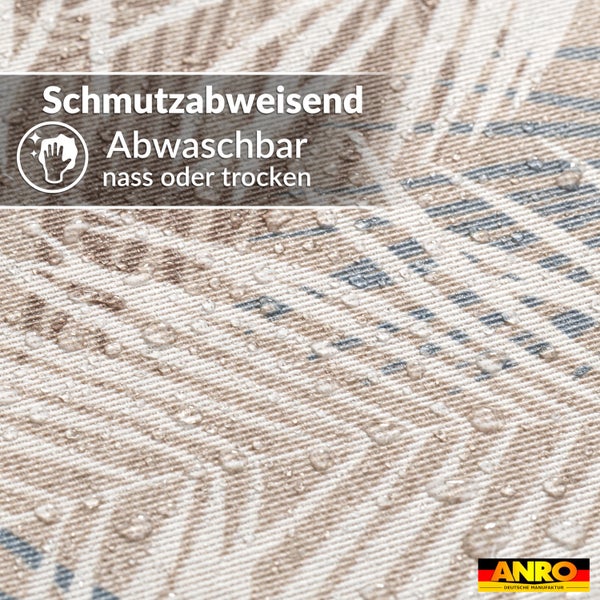Schmutzabweisender und nass oder trocken abwaschbarer Stoff mit Wassertropfen auf der Oberfläche. ANRO Logo.
