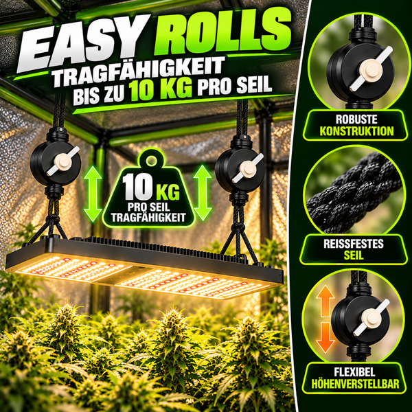 Easy Rolls Seilzugsystem mit zehn Kilogramm Tragkraft pro Seil zur höhenverstellbaren Befestigung von Pflanzenleuchten im Growzelt.