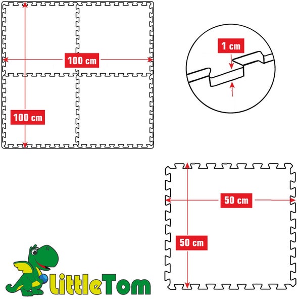 LittleTom Puzzlematten Maßzeichnung. Gesamtfläche 100 mal 100 Zentimeter, Einzelmatte 50 mal 50 Zentimeter, Stärke 1 Zentimeter. LittleTom Logo.