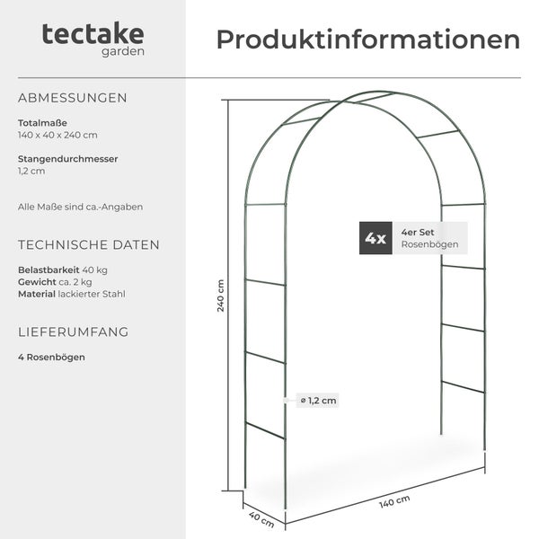 Tectake Logo, Maßzeichnung eines Rosenbogens aus lackiertem Stahl im Vierer Set mit den Abmessungen 140 mal 40 mal 240 Zentimeter.