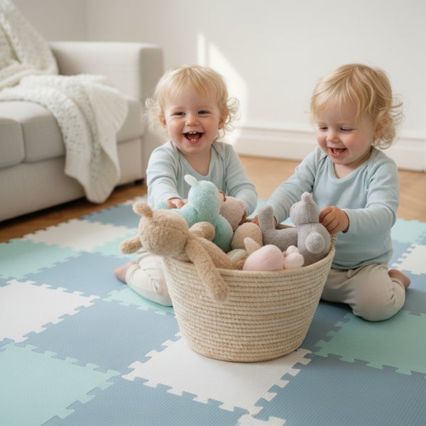 Zwei Kleinkinder spielen auf einer puzzleartigen Bodenmatte mit einem Korb voller Stofftiere in einem hellen Wohnzimmer.