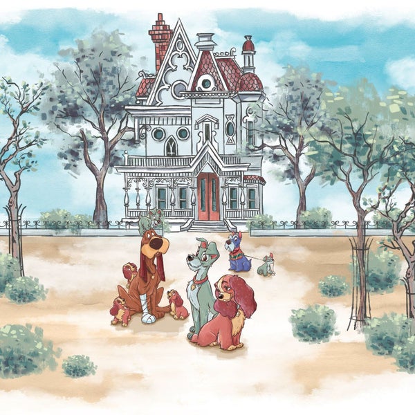 Illustration einer Hundefamilie vor einem großen Haus mit Bäumen