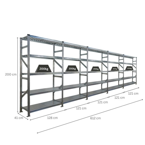 Metallregal mit einer Höhe von 200 cm, einer Tiefe von 41 cm und einer Breite von 612 cm, Traglast 200 kg pro Boden