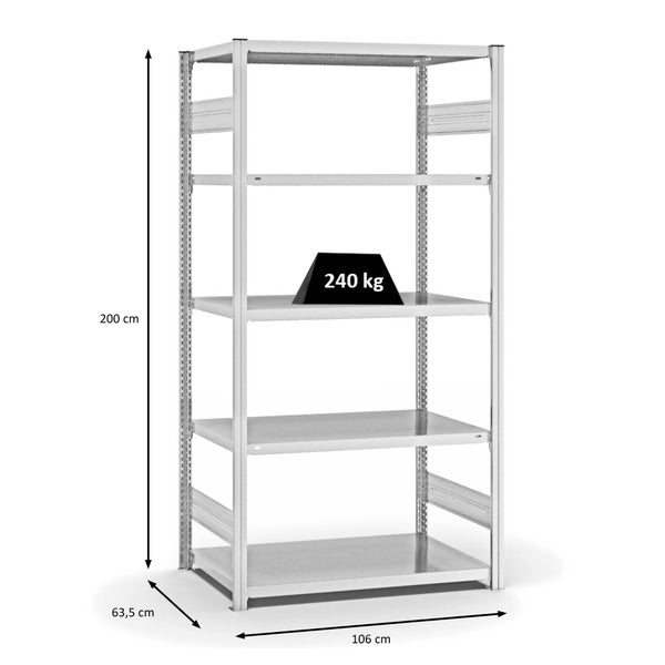 PROREGAL Fachbodenregal Stecksystem T-Profil Medium-Duty Grundregal HxBxT 200 x 100 x 60 cm 5 Ebenen Fachlast 240 kg Beidseitig Nutzbar Lichtgrau