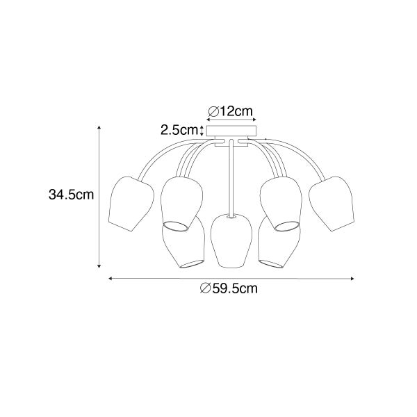 Technische Zeichnung einer Deckenleuchte mit den Maßen 34,5 cm Höhe und 59,5 cm Durchmesser.