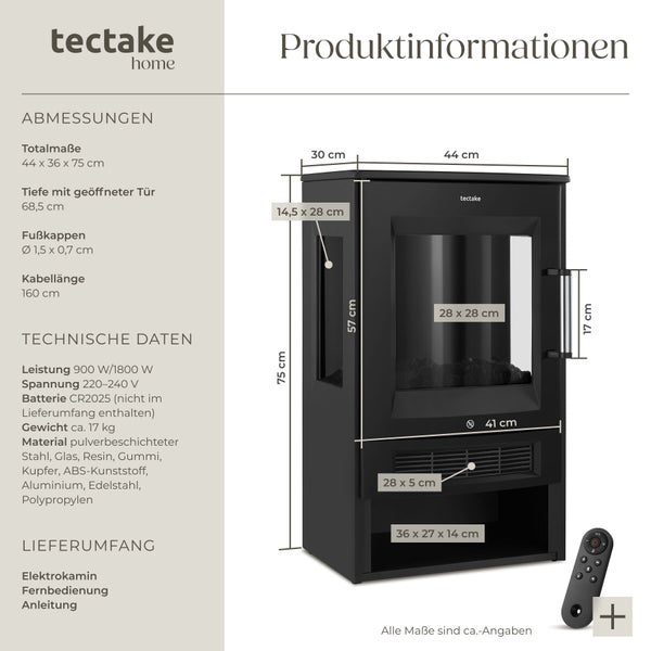 Produktinformationen Elektrokamin mit Maßangaben und Tectake Logo