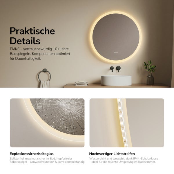 Runder LED-Badezimmerspiegel mit warmem Lichtkranz, splittersicherem Sicherheitsglas und wassergeschütztem LED-Streifen der Schutzklasse IP44.