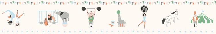 Illustration einer Zirkusszene mit Akrobaten, Tieren und Zirkusdirektor