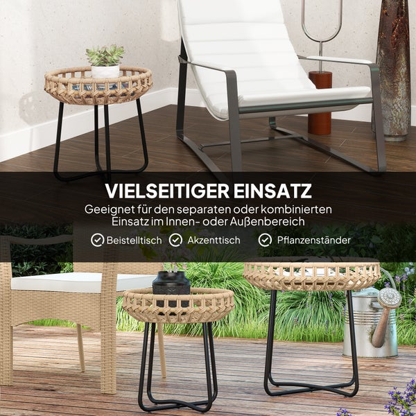Outsunny 2er Set Beistelltisch Polyrattan Ø60/41 cm rund wetterfest Gartentisch mit X-Beine Verstellbare Fußpads Outdoor Balkontisch Couchtisch Gartenmöbel für Garten, Balkon Braun