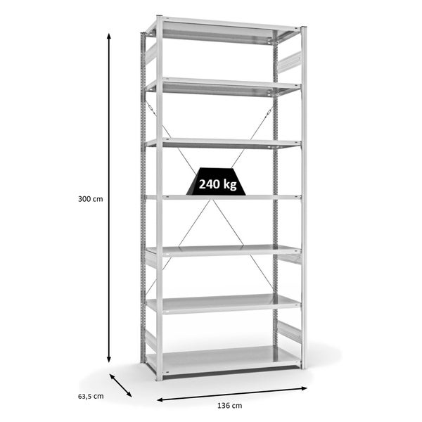 PROREGAL Fachbodenregal Stecksystem T-Profil Medium-Duty Grundregal HxBxT 300 x 130 x 60 cm 7 Ebenen Fachlast 240 kg Einseitig Nutzbar Lichtgrau