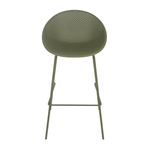Barhocker in Olivgrün mit runder, perforierter Kunststoff-Sitzschale und Metallgestell inklusive Fußstütze.