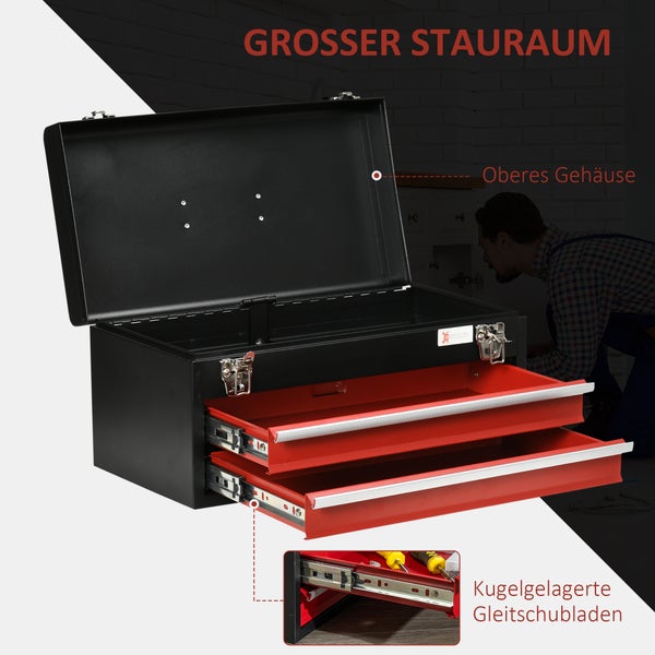 DURHAND, Werkzeugkasten, Werkzeugkoffer, 46L x 24B x 22H cm, Stahl, Schwarz+Rot