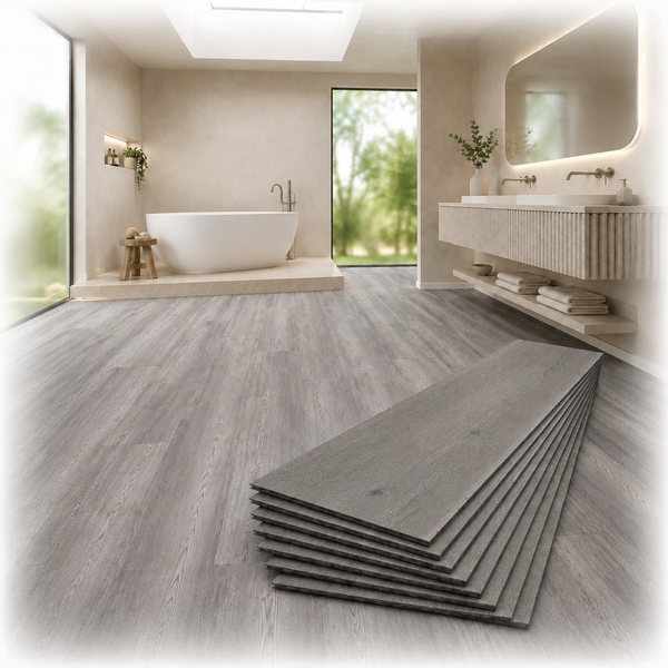 Stapel mit grauem Laminat oder Vinylbodenplatten im modernen Badezimmer mit Badewanne und Doppelwaschtisch
