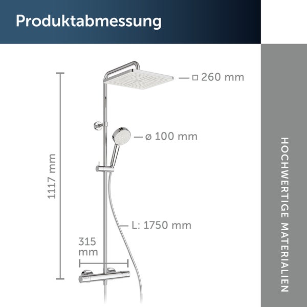 Produktabmessungen einer Duscharmatur mit Kopfbrause, Handbrause und Thermostat.
