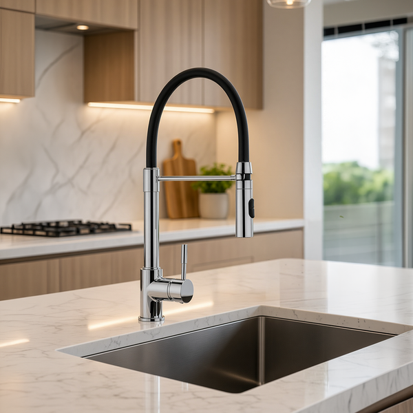 Moderne Küchenarmatur mit hohem Auslauf und Schlauchbrause auf einer Arbeitsplatte aus Marmor in einer eleganten Küche.
