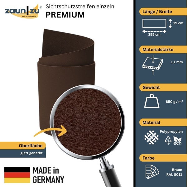Zaun zu Premium Sichtschutzstreifen mit den Maßen 255 x 19 Zentimeter, Materialstärke 1,1 Millimeter, Gewicht 850 Gramm pro Quadratmeter, Material Polypropylen, Farbe Braun RAL 8011 und glatt genarbter Oberfläche, hergestellt in Deutschland