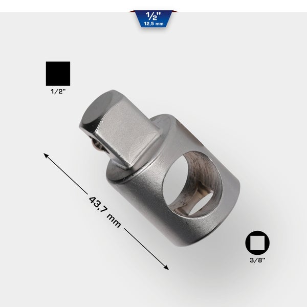 Steckschlüssel-Adapter mit den Maßen 43,7 mm, 1/2 Zoll und 3/8 Zoll