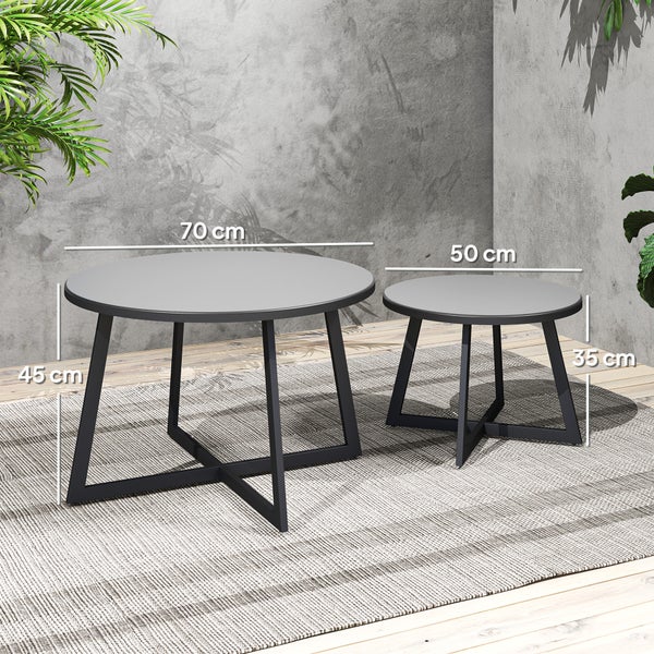 Outsunny 2er Set Beistelltisch Stapelbar Gartentisch Rund wetterfest Balkontisch mit X-Beine Glasplatte Stahl Campingtisch Kaffeetisch für Wohnzimmer Büro Outdoor Indoor Schwarz+Grau