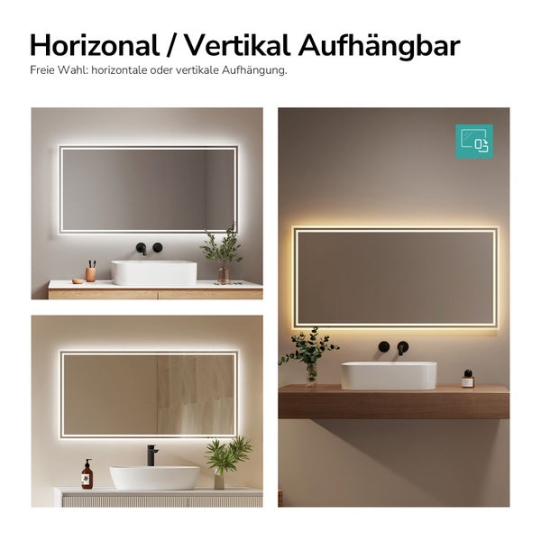 Rechteckiger Badezimmerspiegel mit LED-Beleuchtung, horizontal oder vertikal montierbar, in moderner Badezimmerumgebung über dem Waschbecken.