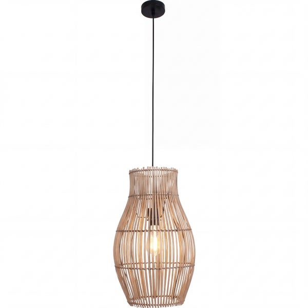 Hängeleuchte aus Bambus in Vasenform mit schwarzer Aufhängung und Kabel.