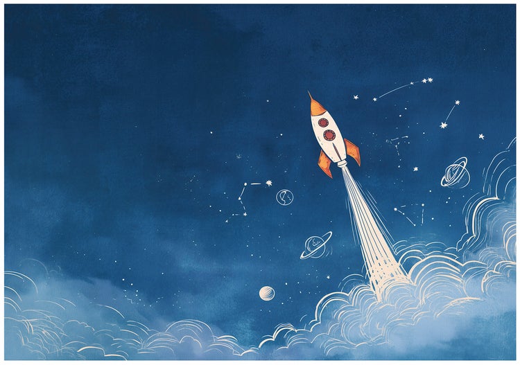 Illustration einer Rakete im Weltraum mit Sternbildern und Planeten