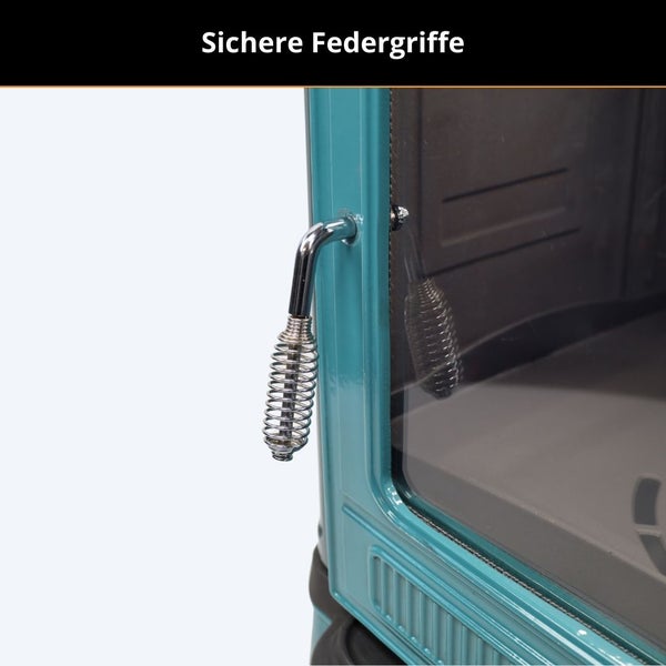 Nahaufnahme eines sicheren Federgriffs an einer Metalltür eines Ofens.