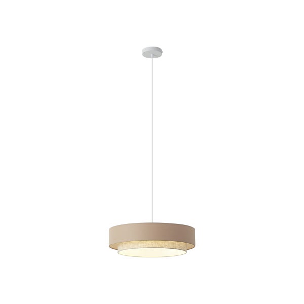 Moderne Hängeleuchte mit zweistufigem Textilschirm in Beige und weißer Deckenhalterung.