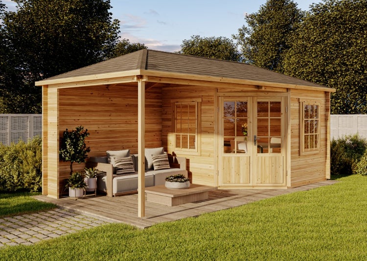 Alpholz 5-Eck Gartenhaus Mosel Gartenhaus aus Holz in Pinie, Holzhaus mit 28 mm Wandstärke inklusive Terrasse, Blockbohlenhaus mit Montagematerial imprägniert 6x3m