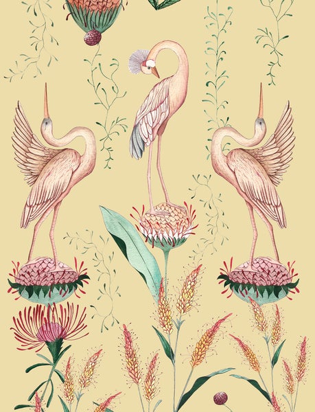 Walls4You Tapete Kraniche Gelb und Rosa - 53 cm x 10 m - 640151