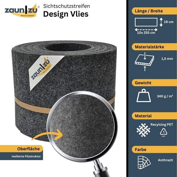 Zaun zu Sichtschutzstreifen Design Vlies aus recyceltem PET, Länge 255 cm, Breite 19 cm, Materialstärke 1,5 mm, Gewicht 340 g/m², Oberfläche mit melierter Filzstruktur